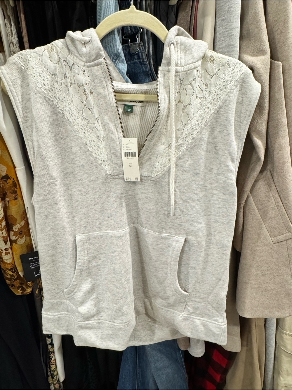 Daily Practice Sleeveless Lace-Trim Hooded Sweatshirt in Light Gray